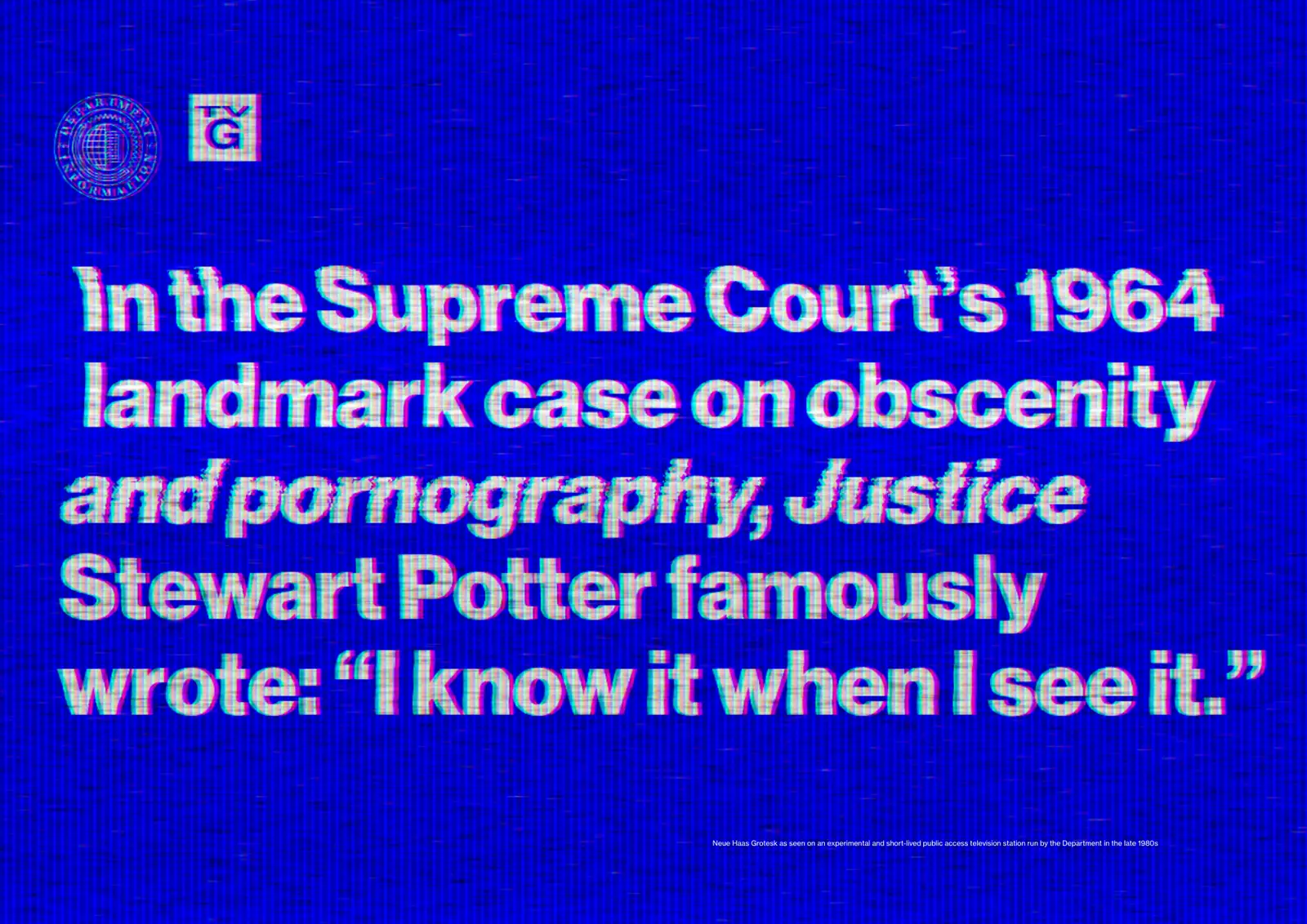 Manual spread: white headline type on a blue television screen, with scan lines and color fringing.