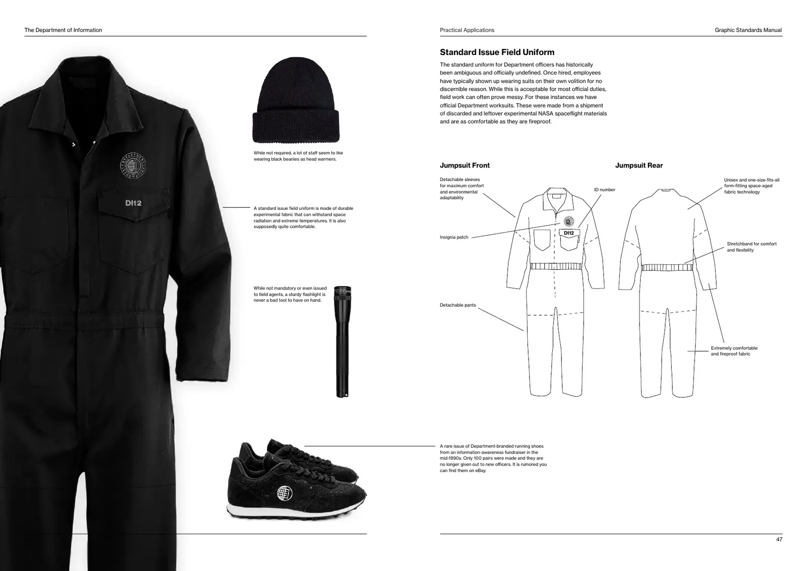 Manual spread: a black jumpsuit with the seal on the chest and DI12 on the pocket, a black beanie, a flashlight and black running shoes with the mark, beside line drawings of the jumpsuit front and back.