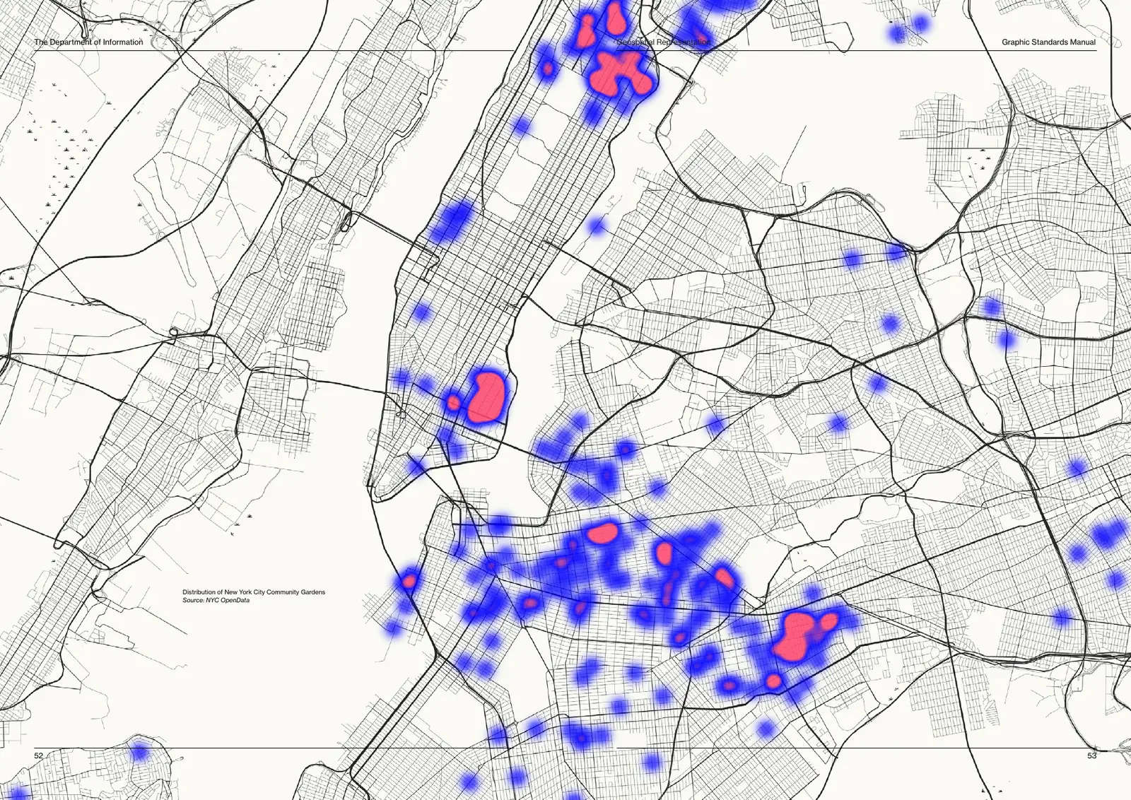 Manual spread: a fine black street map of New York City on Manila, with blue heat blobs that turn red where community gardens cluster.