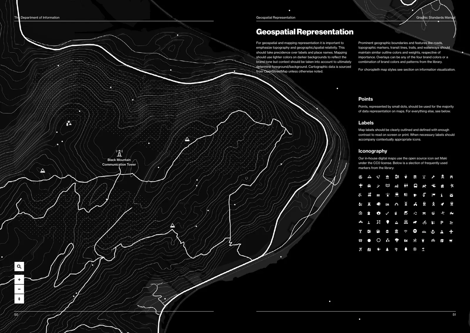 Manual spread: a black topographic map with fine white contour lines, bold white roads, dotted fields and small white icons, with the page text and a grid of map icons.