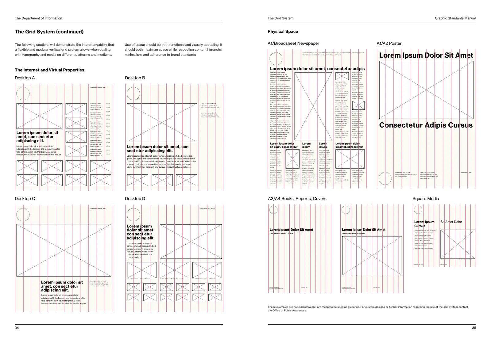 Manual spread with wireframe layouts on a red 12-column grid: four desktop web pages, a broadsheet newspaper, a poster, A4 report covers and a square post.