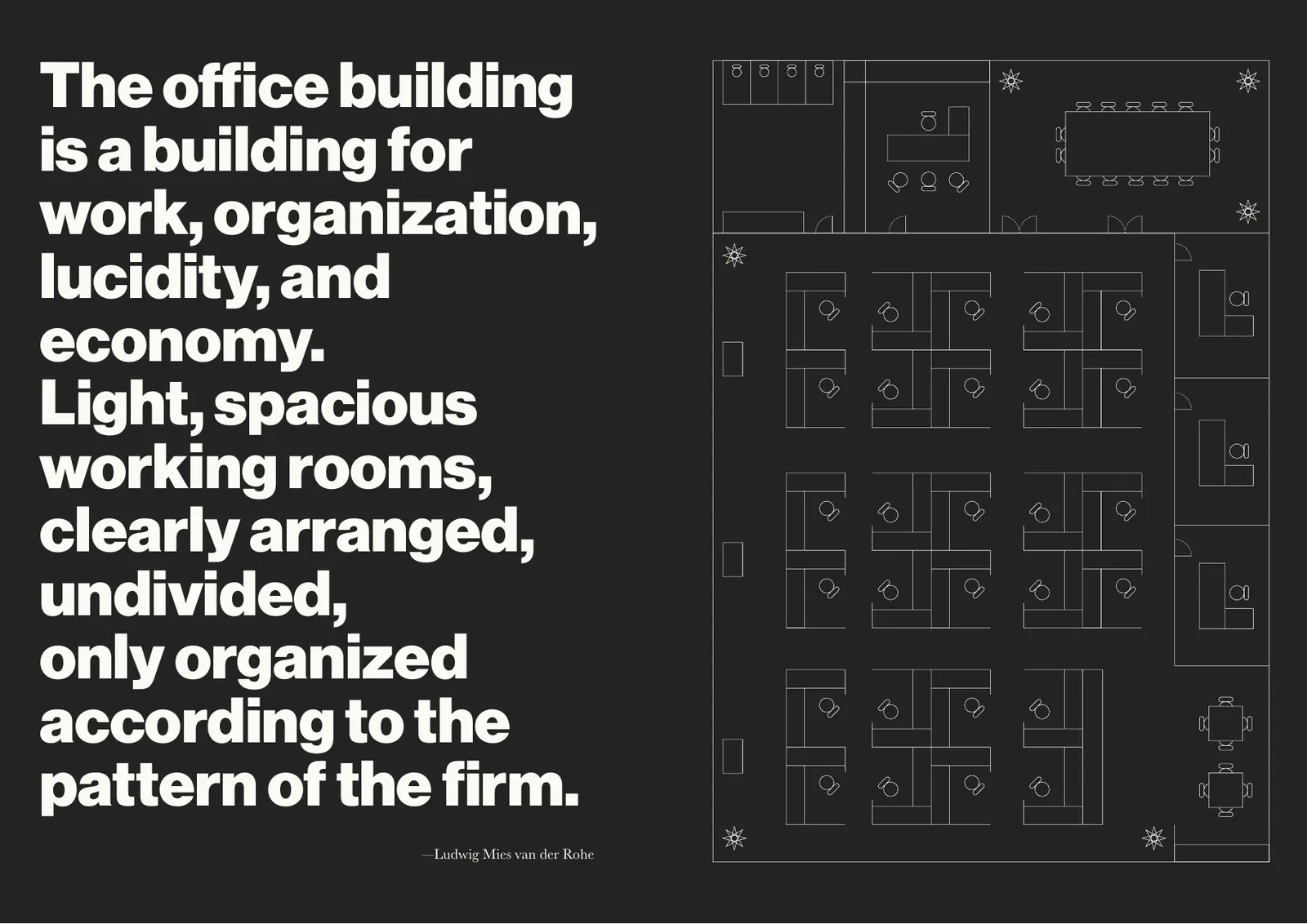 Manual spread: a quotation from Mies van der Rohe set large in Neue Haas Grotesk Black beside a line drawing of an office floor plan.