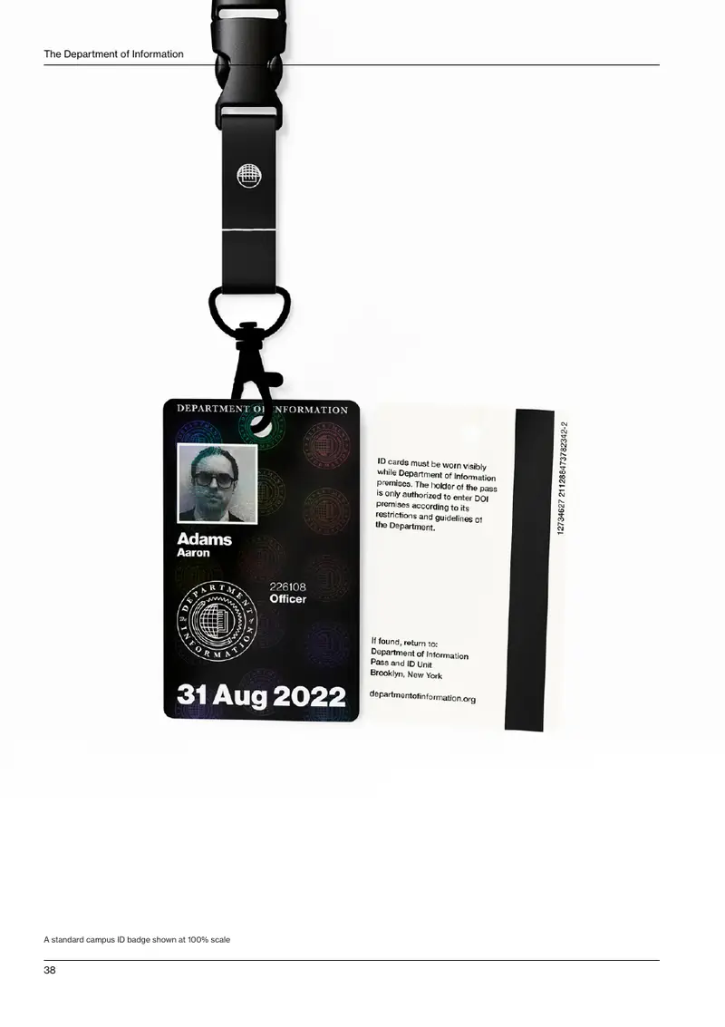 A black Department ID badge on a lanyard, showing an officer photograph, name, number, seal and expiry date, with the back of the card.