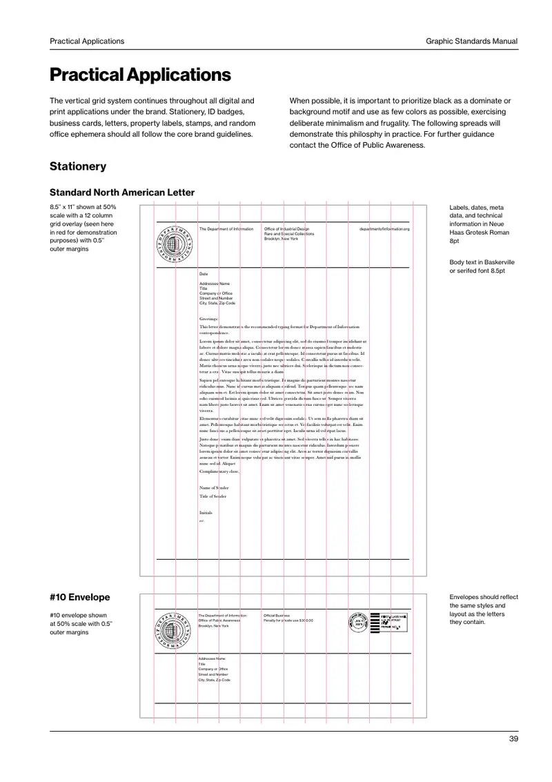 Manual page: a US Letter template and a #10 envelope at 50% scale, both on a red 12-column grid overlay.