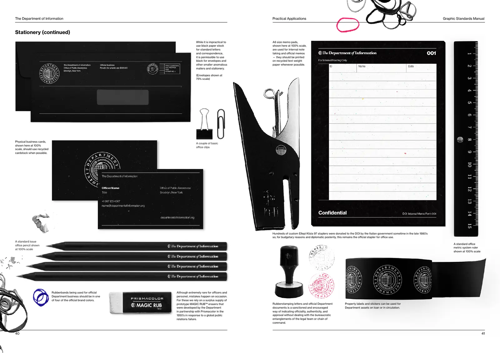 Manual spread showing black envelopes, business cards and pencils printed with the horizontal identifier, a memo pad, a stapler, a ruler, rubber stamps and property labels.