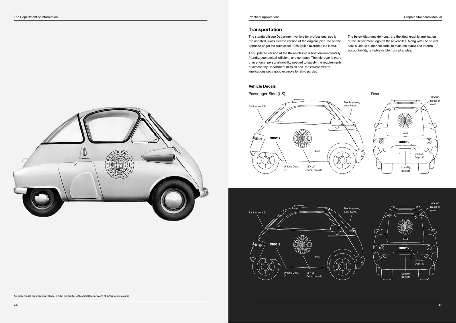 Manual spread: a photograph of a 1956 Iso Isetta with the Department seal on its side, and line drawings of the side and rear of the microcar showing decal positions, on white and on black.