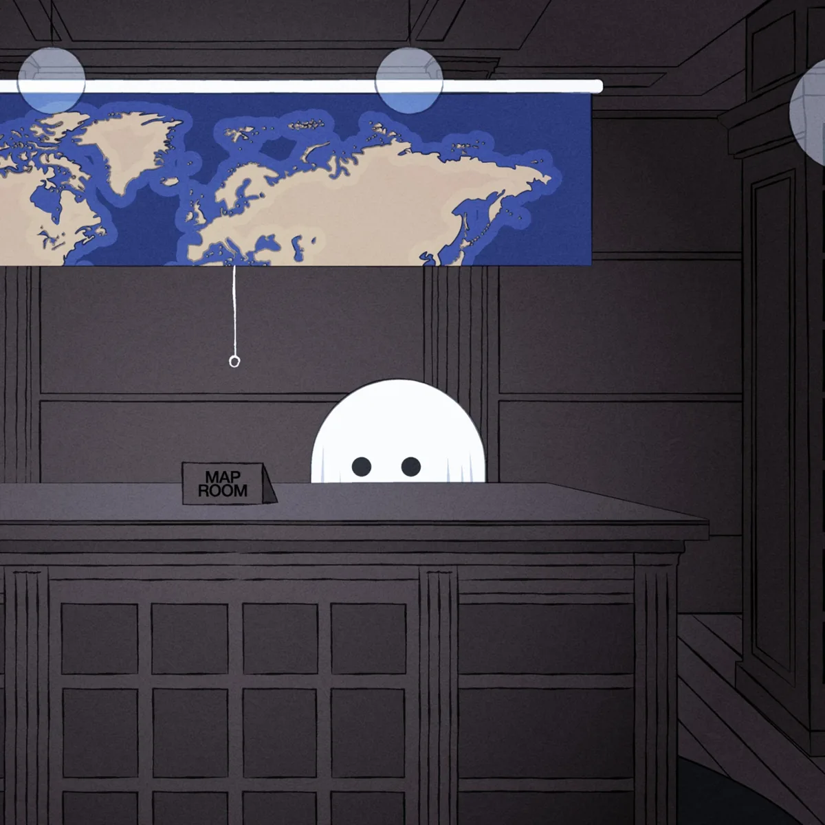 A small white ghost with two black dot eyes peeks over a dark wooden desk with a MAP ROOM placard. Behind him, a pull-down world map hangs below a row of globe lamps, in a dark panelled room.