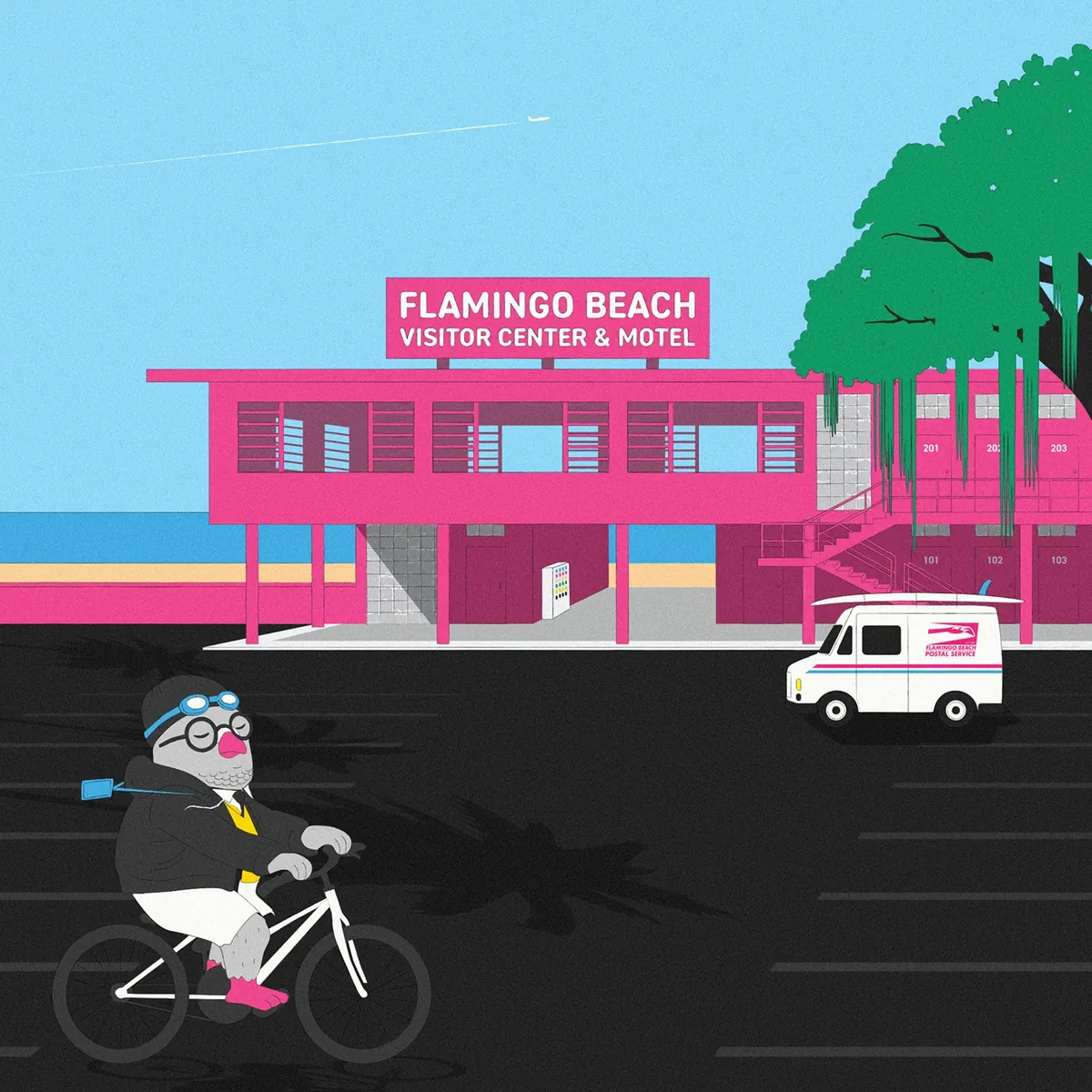 Pokey cycling across a black parking lot in front of the pink Flamingo Beach Visitor Center and Motel, wearing goggles over his beanie, his ID badge flying behind him. A Flamingo Beach Postal Service van is parked beside the motel.