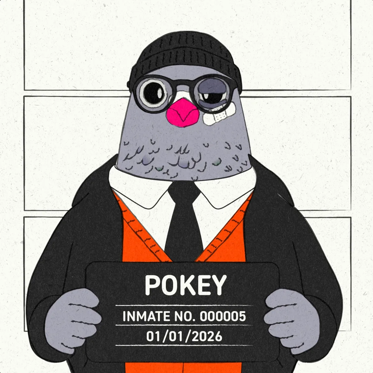 Pokey in a police mugshot against a ruled height chart, with a black eye and a bandage, wearing an orange vest and holding a black placard: POKEY, INMATE NO. 000005, 01/01/2026.