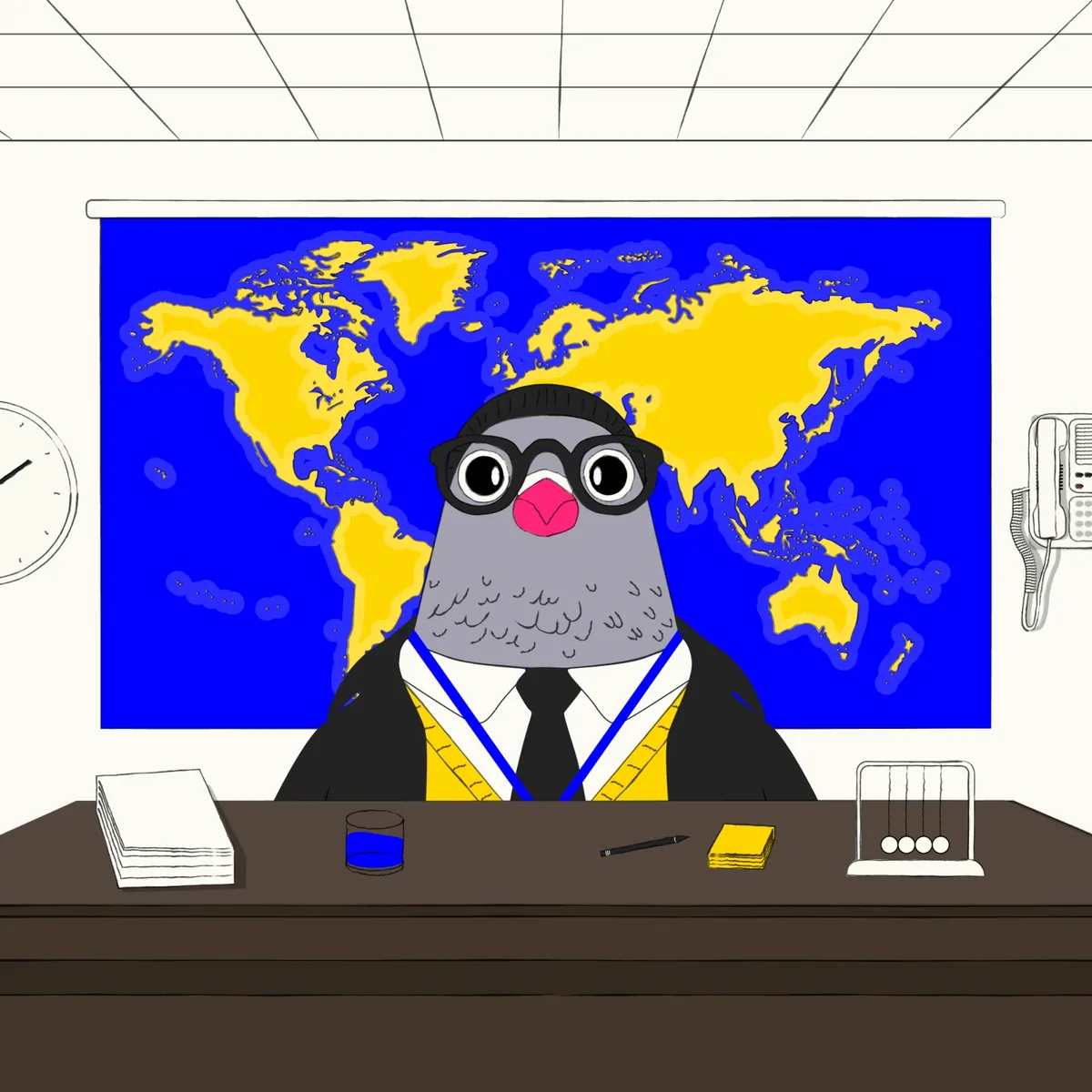 Pokey at a wooden desk in front of a Beaurocracy Blue world map with Safety Yellow continents. He wears a black beanie, round black glasses, a black hoodie over a Safety Yellow vest, white shirt and black tie, with a blue lanyard. On the desk: a stack of paper, a glass, a pencil, a yellow notepad and a Newton's cradle. A wall clock and a wall phone hang either side.