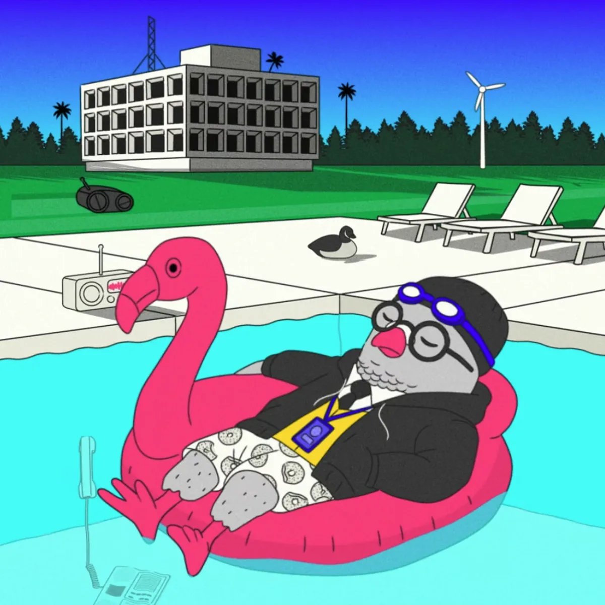 Pokey asleep on a pink flamingo pool float, in his hoodie, vest, lanyard and swim trunks, with swim goggles over his beanie. A modernist Department building, a radio mast and a wind turbine stand beyond the lawn.